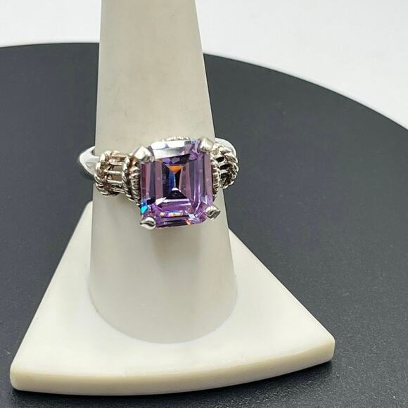 Designer 925 Sterling Silver Large Rectangle Cut Purple Blue Prong CZ Ring Sz 9 - Picture 1 of 11